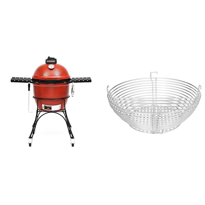 Kamado Joe KJ23RH Classic I Smoker BBQ, Outdoor Charcoal Barbecue Grill In Red With Cast Iron Cart, Heat Deflectors And Ash Tool & KJ-MCC23 Stainless Steel Charcoal Basket Grill Accessory