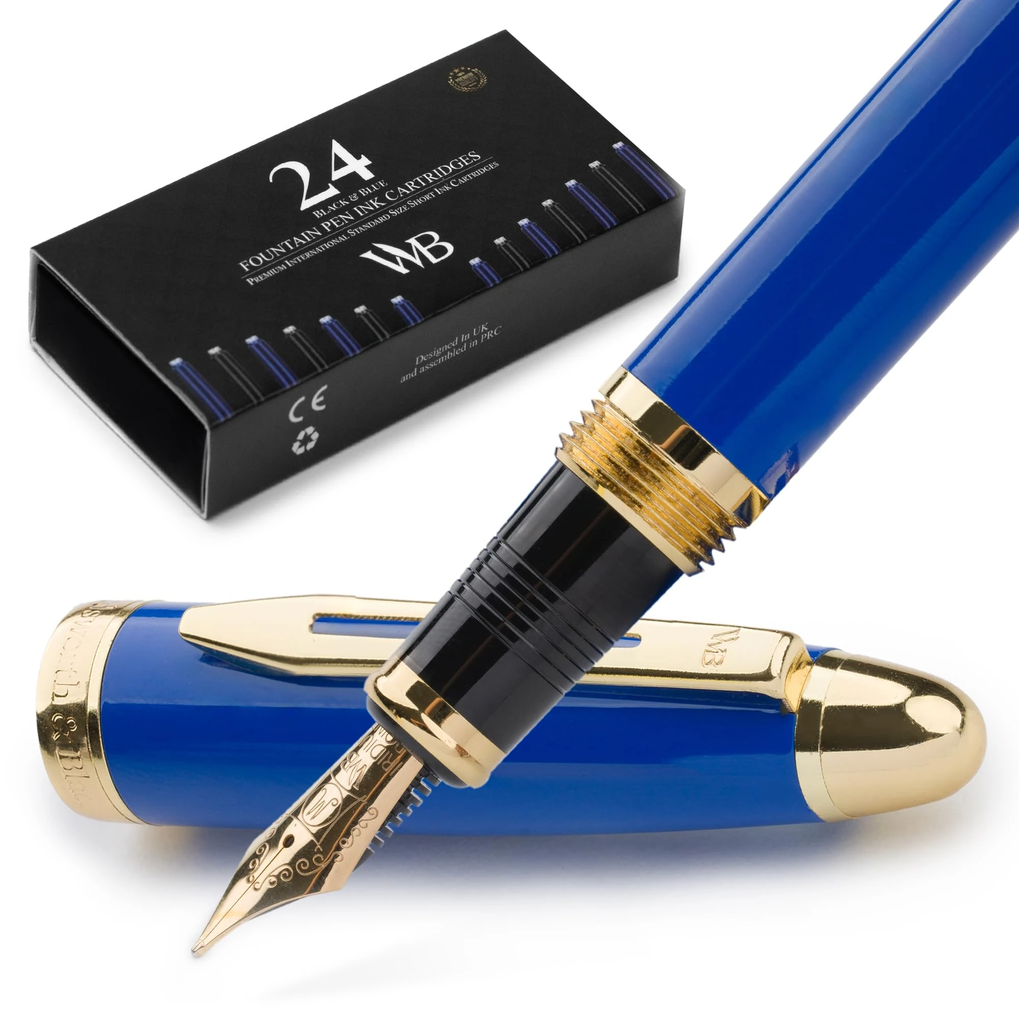Wordsworth & Black Majesti Fountain Pen-(Blue), Luxury Case, 24K Gold Finish; 18K Gilded Medium Nib- Ink Cartridges, Refillable Ink Converter-Calligraphy Pen-Best Business Gift Set for Men & Women