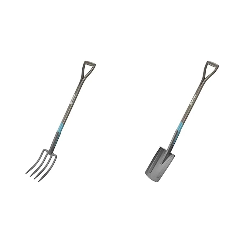 Gardena & NatureLine Pointed Spade, Coated Garden Spade for Turning Over and Removing Soil, Safe Foot Rest, FSC-Certified Ashwoo D-Handle (17001-20),black, anthracite, turquoise