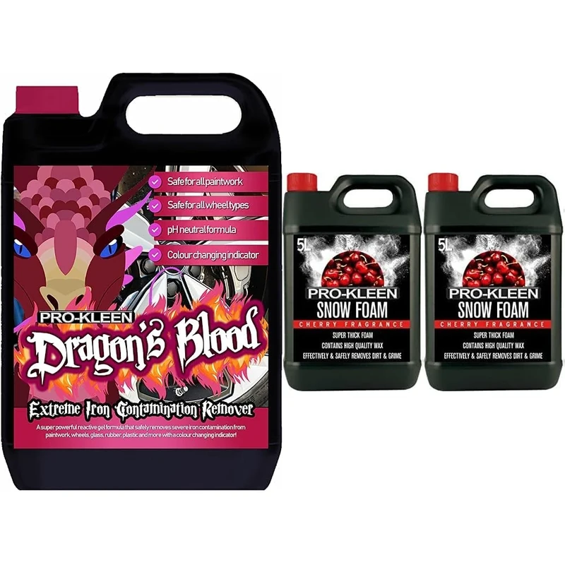 Pro-Kleen Dragon's Blood Extreme Iron Contamination Fallout Remover (5L) Safe for Use on all Wheel Types & 10L of Pro-Kleen Cherry Snow Foam with Wax – Super Thick & Non-Caustic Foam