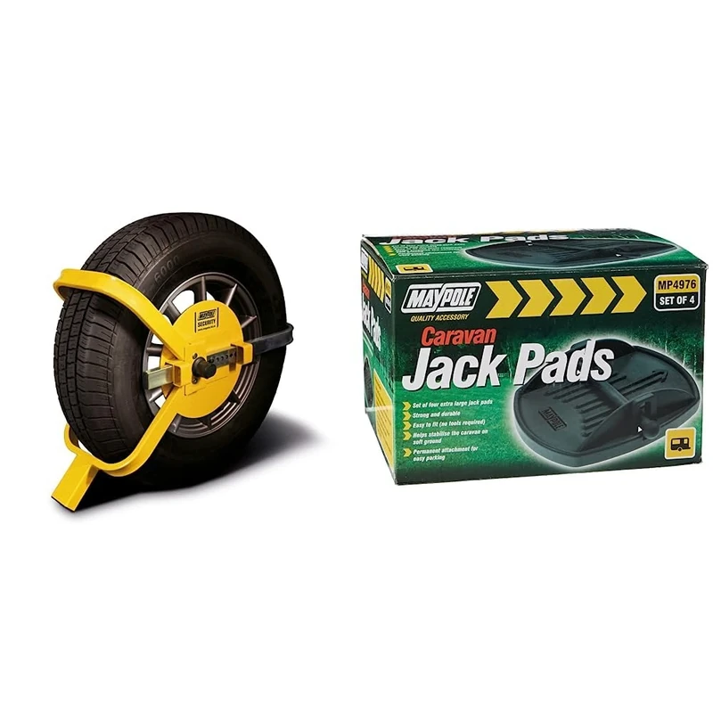 Maypole MP9065 13″-17″ Wheel Clamp, tyre Width 175mm to 215mm & MP4976 Caravan Jack Pad (Pack of 4) - Black