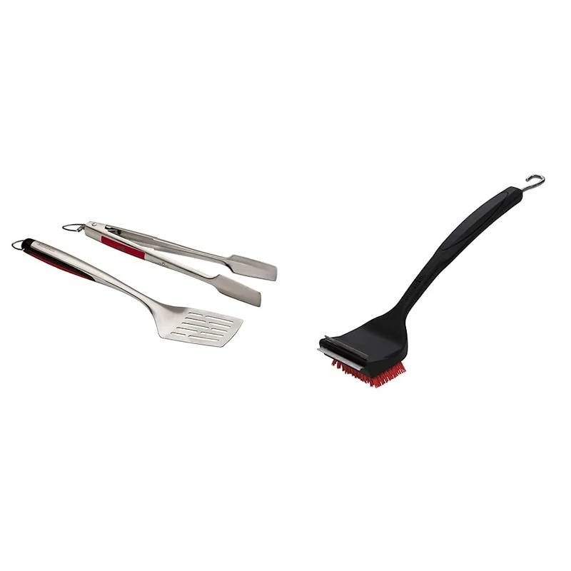 Char-Broil 140 543 - Comfort-Grip 2 Piece Grilling Tool Set, Stainless Steel. & 140533-2-in-1 "Cool-Clean" Grill Cleaning Brush and Scraper, Black, 7.5 x 10 x 44 cm