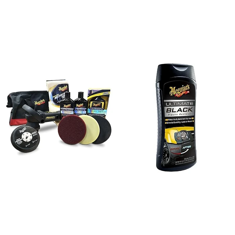 Meguiar's Dual Action DA Car Machine Polisher Pad Kit MT320ULTKIT with Pads, Bag, Ultimate Compound, Ultimate & G15812EU Ultimate Black Plastic & Trim Restorer 355ml. Makes black plastic