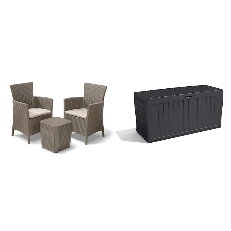 Keter Iowa Garden Furniture Balcony Set, Cappuccino with Sand Cushions,247855 & Marvel+ 270L Outdoor Garden Storage Box Garden Furniture - Graphite Grey