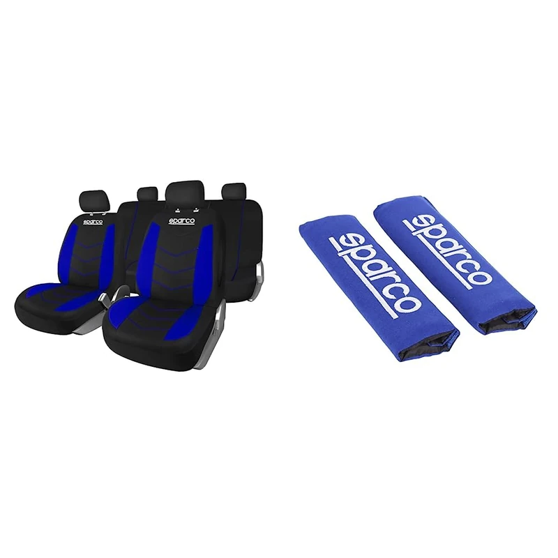 SPARCO SPS431BL 9 piece Seat Cover Set, Black/Blue & SPC1204BL Seat Belt Padding Blue, 2 Units