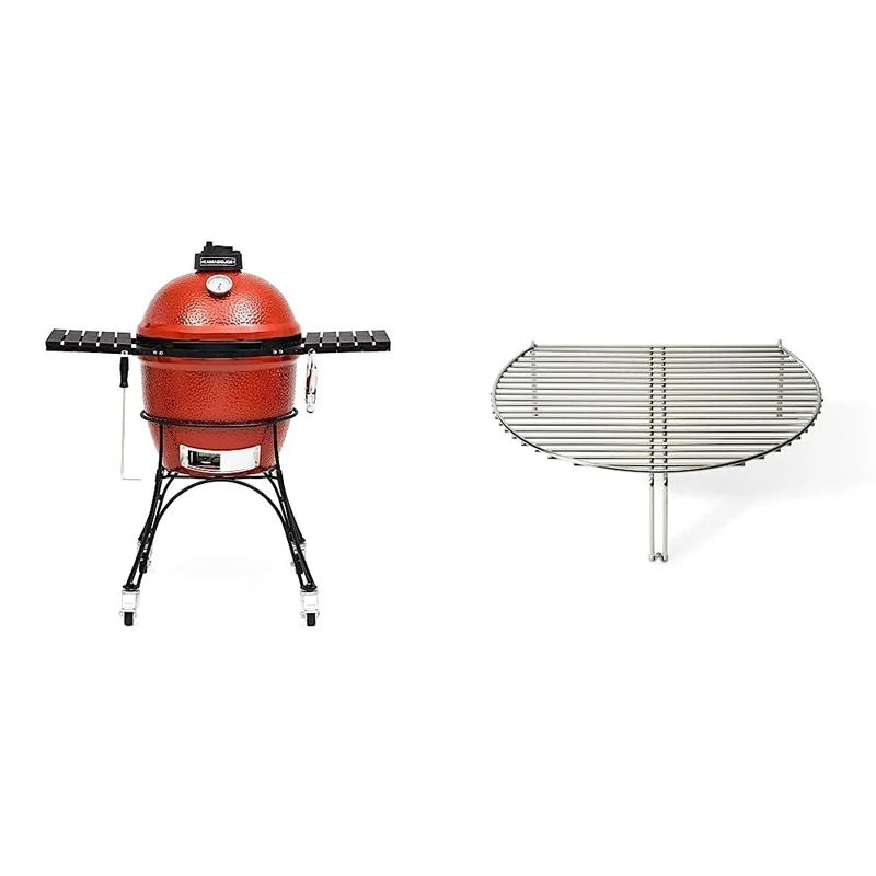 Kamado Joe KJ23RH Classic I Smoker BBQ, Outdoor Charcoal Barbecue Grill In Red With Cast Iron Cart, Heat Deflectors And Ash Tool & KJ SCS Stainless Steel Classic Grill Expander