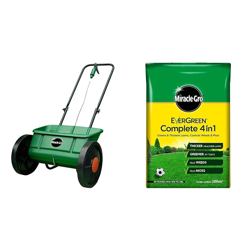 Miracle-Gro Lawn Seed Drop Spreader & Evergreen Complete 4-in-1 Lawn Food - 200 m2, Lawn Food, Weed & Moss Control,