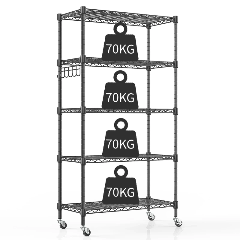 Himimi 5-Tier Wire Shelving Unit with Wheels, 76W x 35D x 158H cm, Height Adjustable Metal Shelving Unit for Storage, Free Standing Storage Rack Shelf for Kitchen Pantry Bathroom Garage Office, Black