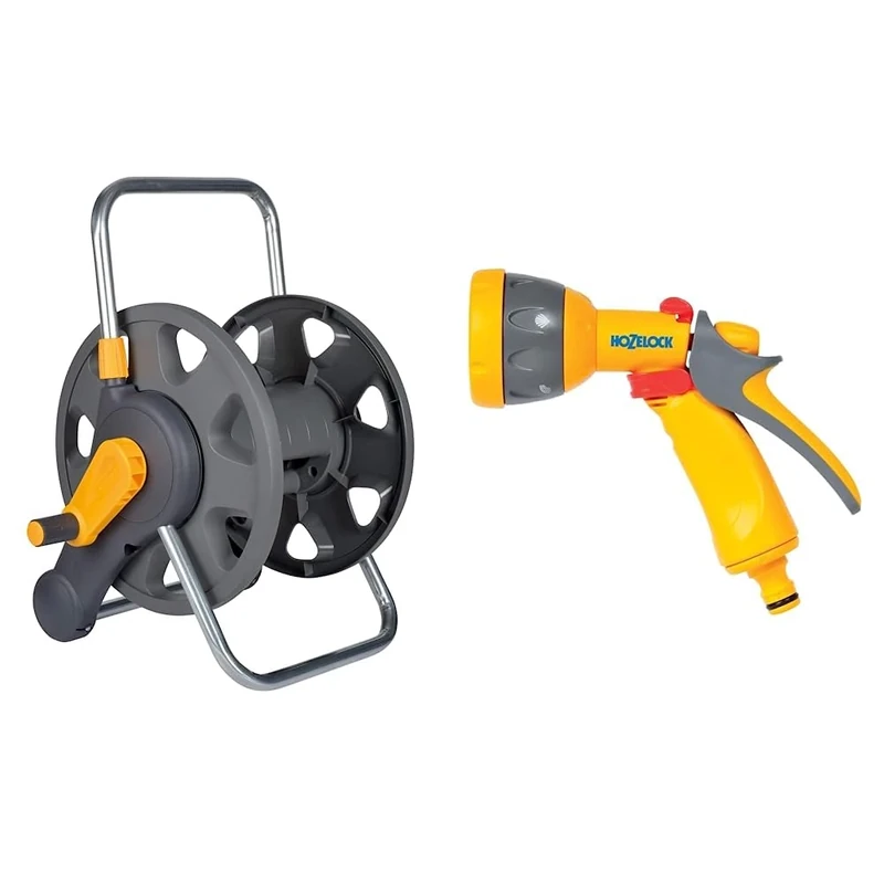 HOZELOCK - Hose Reel 60m 2-in-1 (Reel and Wall Fixings Only) : Free-Standing or Wall-Mounted, Reel & HOZELOCK - Multi-Jet Spray Gun : Ideal for Daily Use, Multi-Tasking Spray Gun, Locking