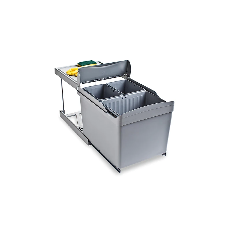 Emuca - Recycling bins for kitchen, 1 x 16L + 2 x 7,5L, lower fixing and automatic, grey plastic