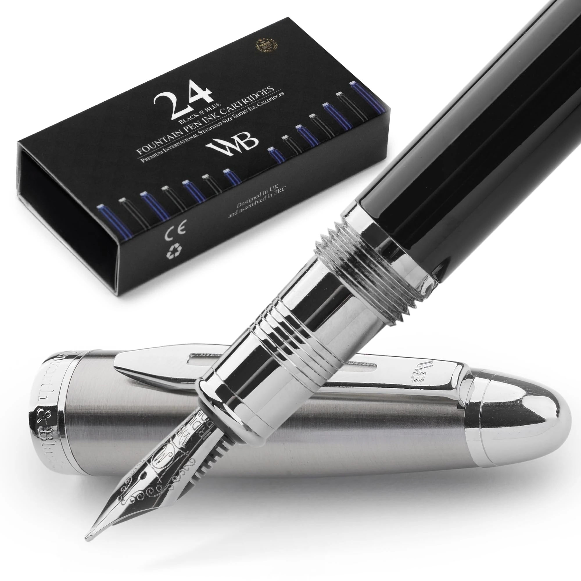 Wordsworth & Black Majesti Fountain Pen-(Black Chrome), Luxury Case, Stainless Steel; Medium Nib- Ink Cartridges, Refillable Ink Converter-Calligraphy Pen-Best Business Gift Set for Men & Women