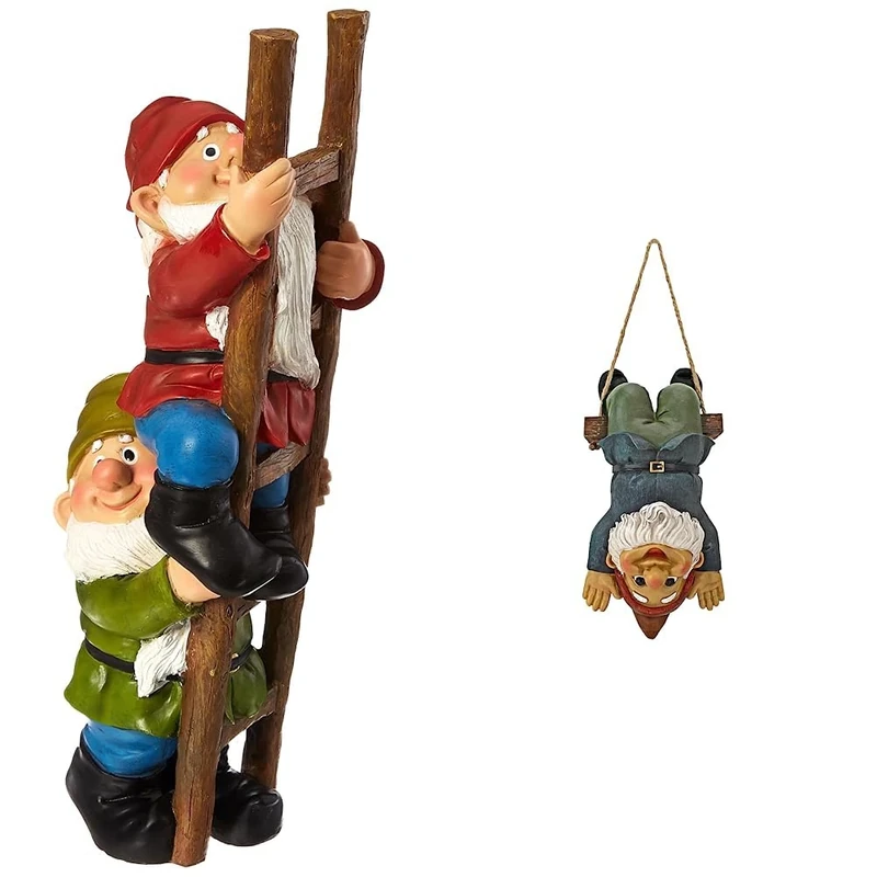 Design Toscano QM2360100 Up the Ladder Climbing Gnomes Funny Garden Statue, 28 cm, Polyresin, Full Color & Alfie the Acrobat Swinging Gnome - Outdoor Gnome
