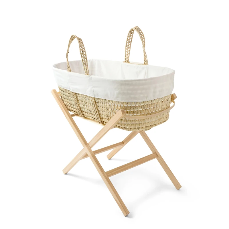 Clair de Lune Scandi Palm Moses Basket with Natural Folding Stand 74 x 30 cm (White)
