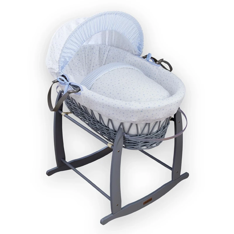 Clair de Lune Stars & Stripes Grey Wicker Moses Basket and Deluxe Stand, Blue