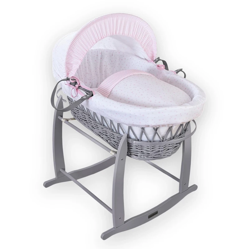 Clair de Lune Stars & Stripes Grey Wicker Moses Basket with Deluxe Rocking Stand, Pink