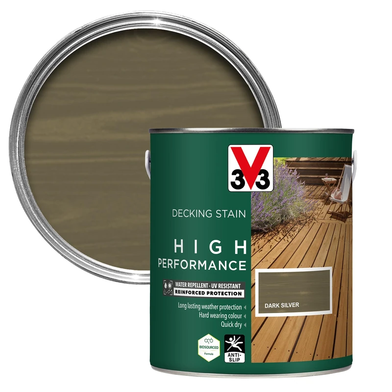 V33 High Performance Decking Stain - Long-Lasting Weather Protection - UV-Resistant - Anti-Slip - Biosourced Formula - Dark Silver 2.5 litres