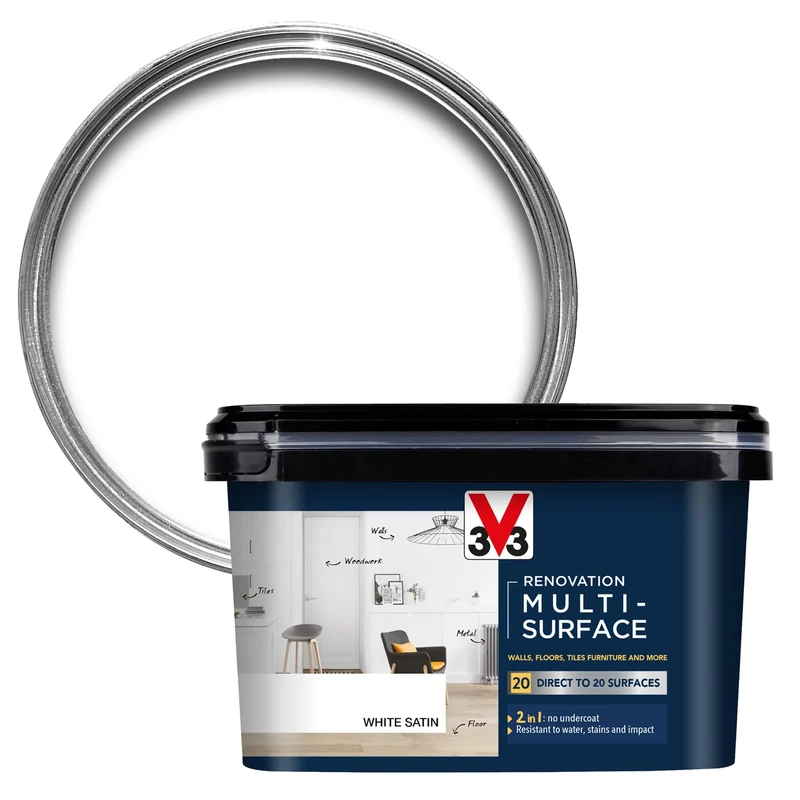 V33 Renovation Multi-Surface Paint - No Undercoat Needed - Over 20 Surfaces - Resistance To Water Stains & Impact - High Coverage - White Satin 2 Litres