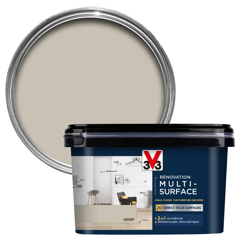 V33 Renovation Multi-Surface Paint - No Undercoat Needed - Over 20 Surfaces - Resistance To Water Stains & Impact - High Coverage - Hemp Satin 2 Litres