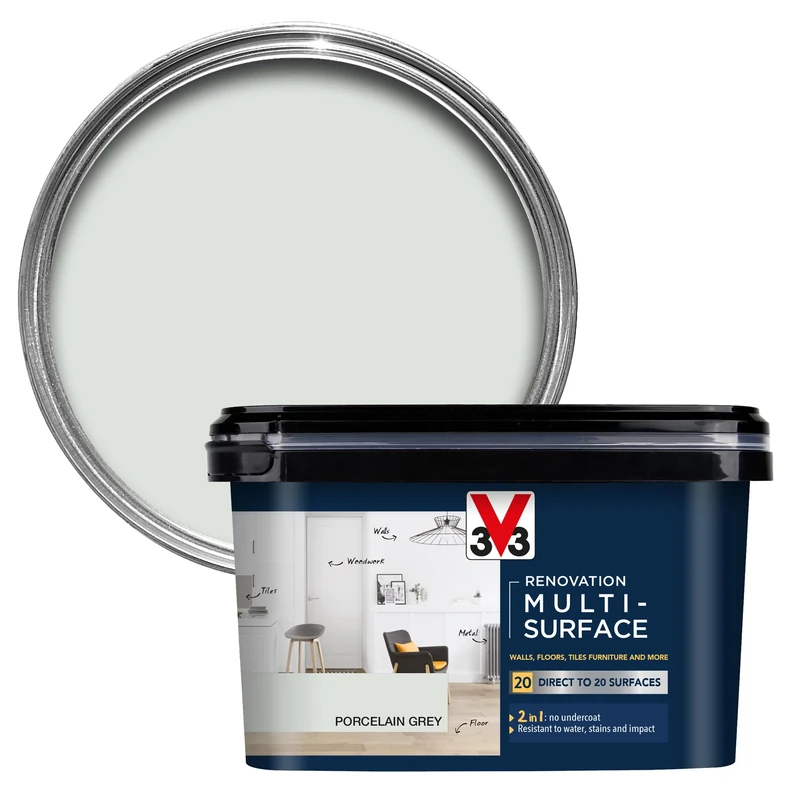 V33 Renovation Multi-Surface Paint - No Undercoat Needed - Over 20 Surfaces - Resistance To Water Stains & Impact - High Coverage - Porcelain Grey Satin 2 Litres