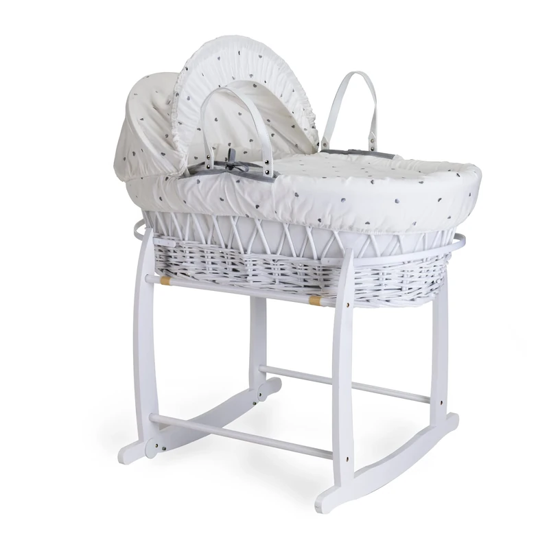 Clair de Lune Lullaby Hearts White Wicker Moses Basket with Deluxe Rocking Stand