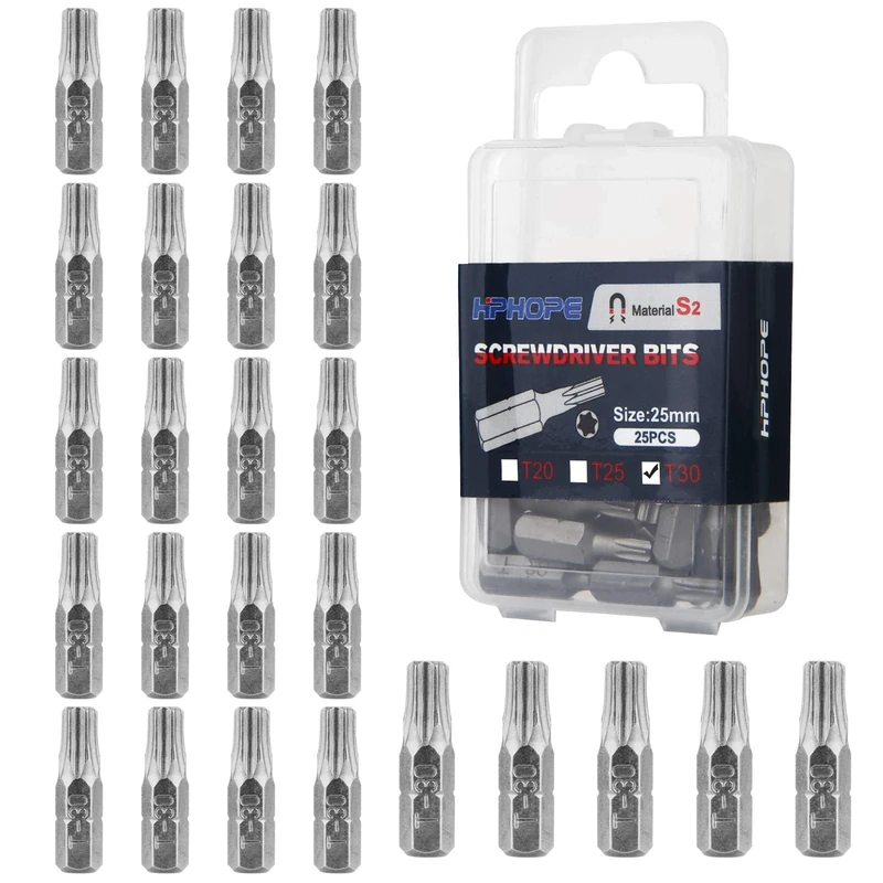 HPHOPE T30 Bits, T30 Torx Bit x 25 Pcs, 1/4" Hex Shank Screwdriver Bits Sets, 25 Bits per Box