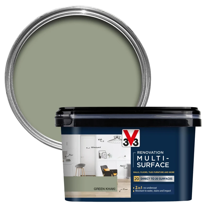 V33 Renovation Multi-Surface Paint - No Undercoat Needed - Over 20 Surfaces - Resistance To Water Stains & Impact - High Coverage - Khaki Green Satin 2 Litres