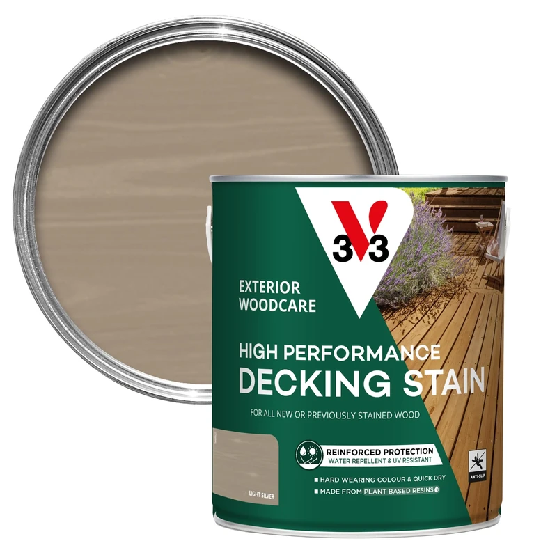 V33 High Performance Decking Stain - Long-Lasting Weather Protection - UV-Resistant - Anti-Slip - Biosourced Formula - Light Silver 2.5 litres