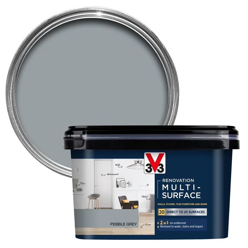 V33 Renovation Multi-Surface Paint - No Undercoat Needed - Over 20 Surfaces - Resistance To Water Stains & Impact - High Coverage - Pebble Grey Satin 2 Litres