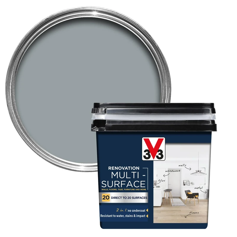 V33 Renovation Multi-Surface Paint - No Undercoat Needed - Over 20 Surfaces - Resistance To Water Stains & Impact - High Coverage - Pebble Grey Satin 750ml