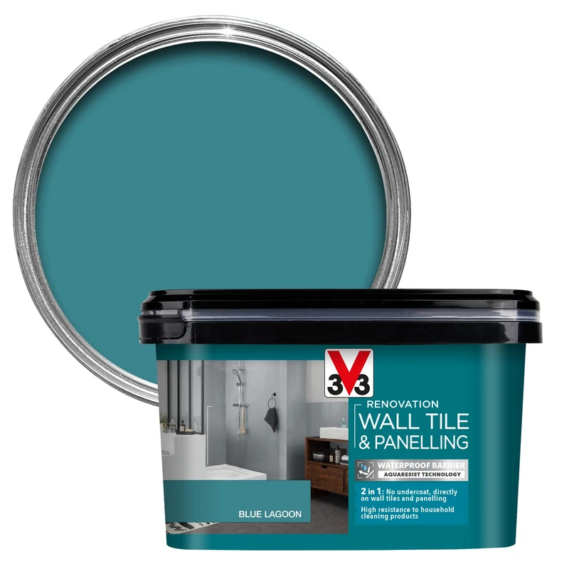 V33 Renovation Wall Tile & Panelling Paint - No Undercoat Needed - For High Moisture Surfaces - Resistant To Temperature Variations - Lagoon Blue Satin 2 Litres - Image 1