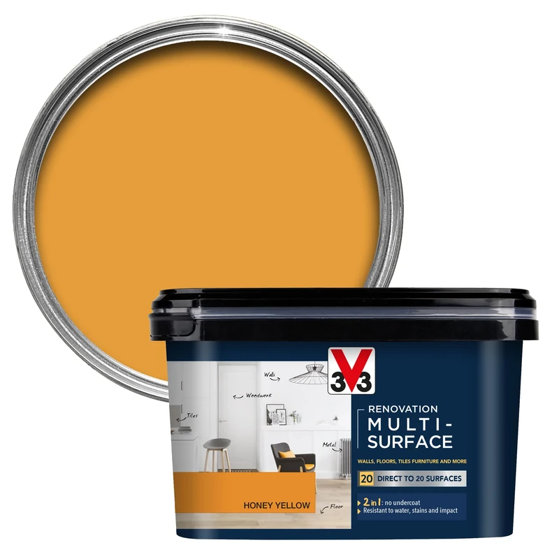 V33 Renovation Multi-Surface Paint - No Undercoat Needed - Over 20 Surfaces - Resistance To Water Stains & Impact - High Coverage - Honey Yellow 2 Litres