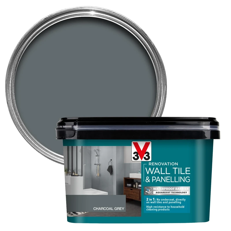 V33 Renovation Wall Tile & Panelling Paint - No Undercoat Needed - For High Moisture Surfaces - Resistant To Temperature Variations - Charcoal Grey Satin 2 Litres