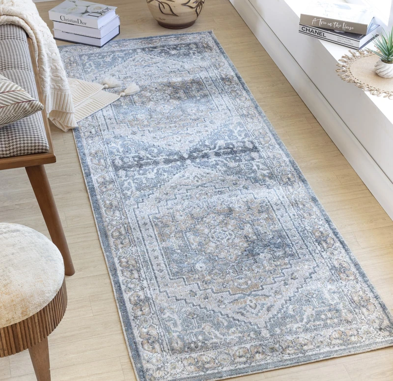 Livabliss Sitra Machine Washable - Vintage Runner Living Room, 80x220 cm - Traditional Boho Style, Dining Room, Kitchen, Outdoor, Hallway -Blue, Beige, Off white and Grey