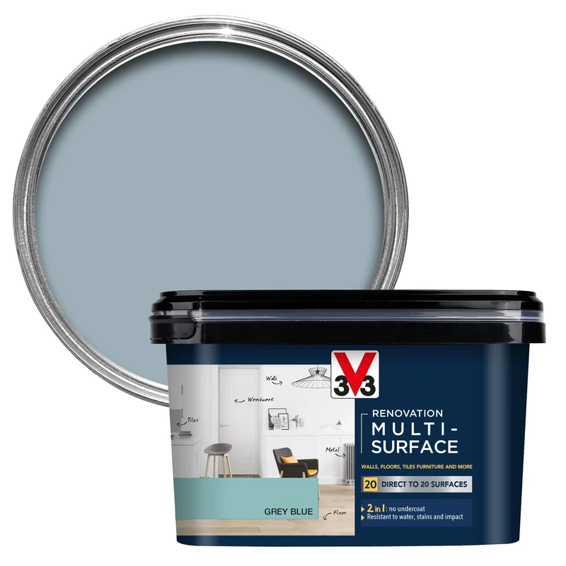 V33 Renovation Multi-Surface Paint - No Undercoat Needed - Over 20 Surfaces - Resistance To Water Stains & Impact - High Coverage - Grey Blue Satin 2 Litres