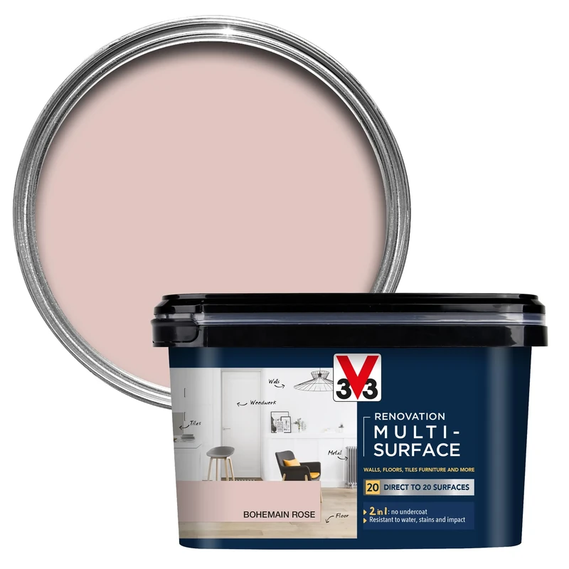 V33 Renovation Multi-Surface Paint - No Undercoat Needed - Over 20 Surfaces - Resistance To Water Stains & Impact - High Coverage - Bohemian Rose Satin 2 Litres