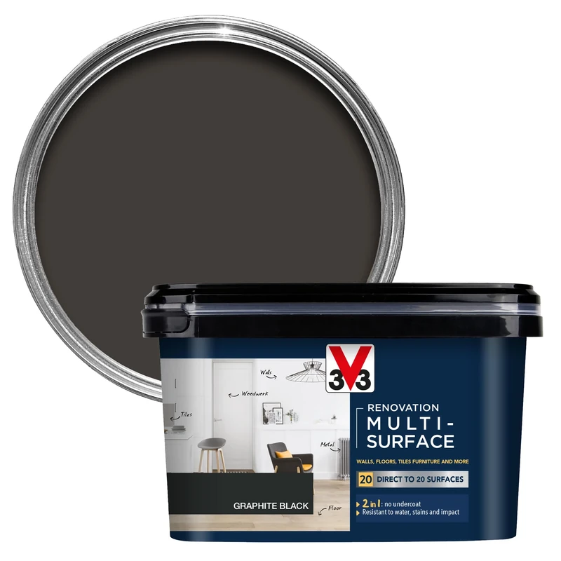 V33 Renovation Multi-Surface Paint - No Undercoat Needed - Over 20 Surfaces - Resistance To Water Stains & Impact - High Coverage - Graphite Black Satin 2 Litres