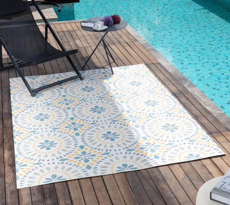 Livabliss Aveiro Indoor Outdoor Rug - Large Boho Rugs for Living Room 160x228 cm Dining, Kitchen Carpet, Patterned Neutral & Coloured Rugs, Waterproof, Stain Durable - Ivory, Blue, Mustard