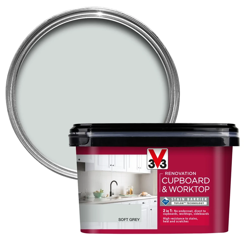 V33 Renovation Cupboard & Worktop Paint - No Undercoat Needed - High Resistance To Water Stains & Scratches - Ultra Washable - Soft Grey Satin 2L