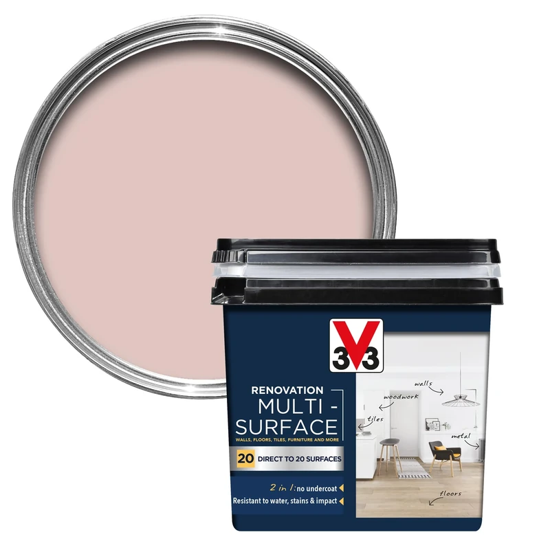V33 Renovation Multi-Surface Paint - No Undercoat Needed - Over 20 Surfaces - Resistance To Water Stains & Impact - High Coverage - Bohemian Rose Satin 750ml