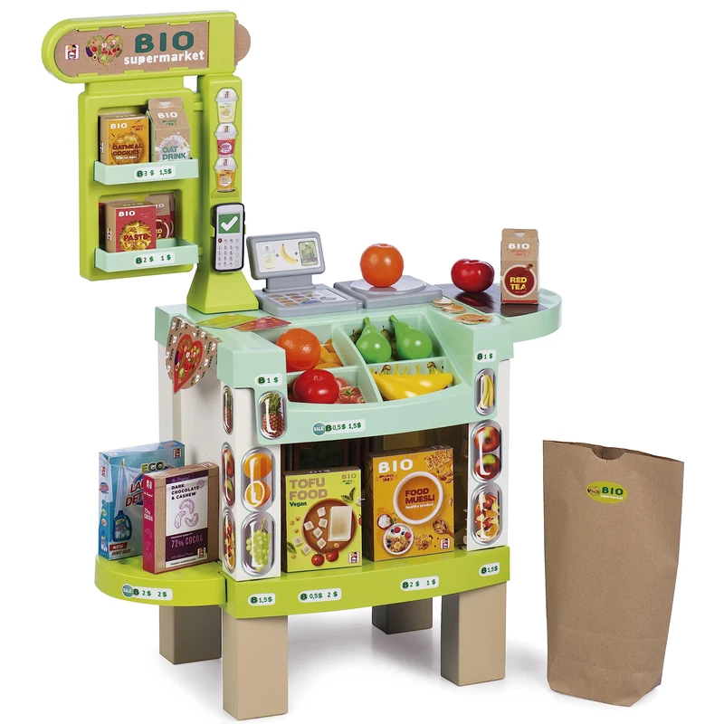 Chicos - Organic Supermarket with Sounds and 20 Accessories: Fruits, Vegetables, Credit Cards to Pay, Phone and 47 Coins, for Boys and Girls Over 3 Years Old (84110)