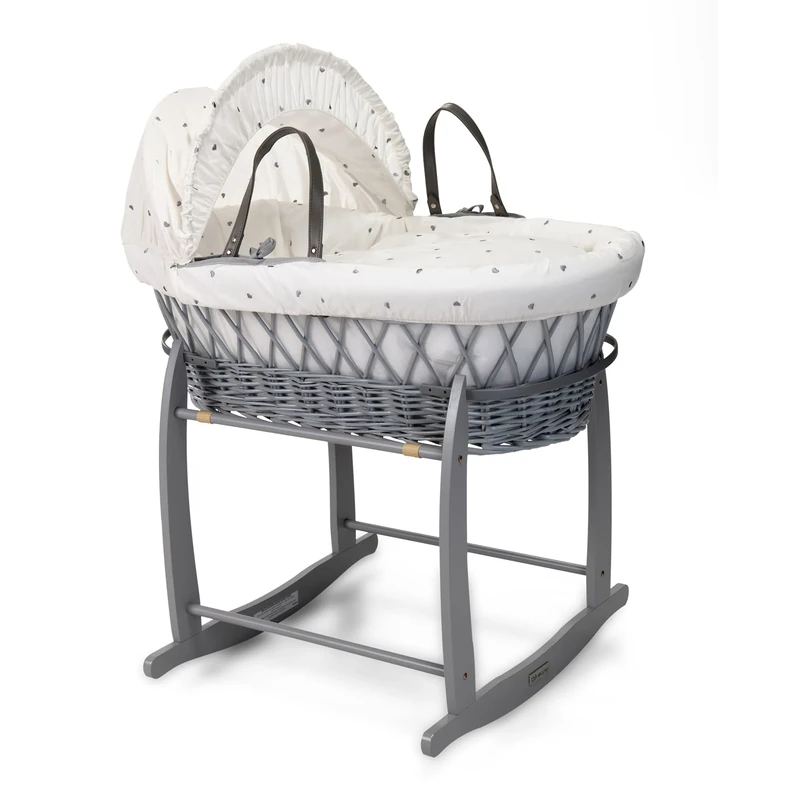 Clair de Lune Lullaby Hearts Grey Wicker Moses Basket with Deluxe Rocking Stand