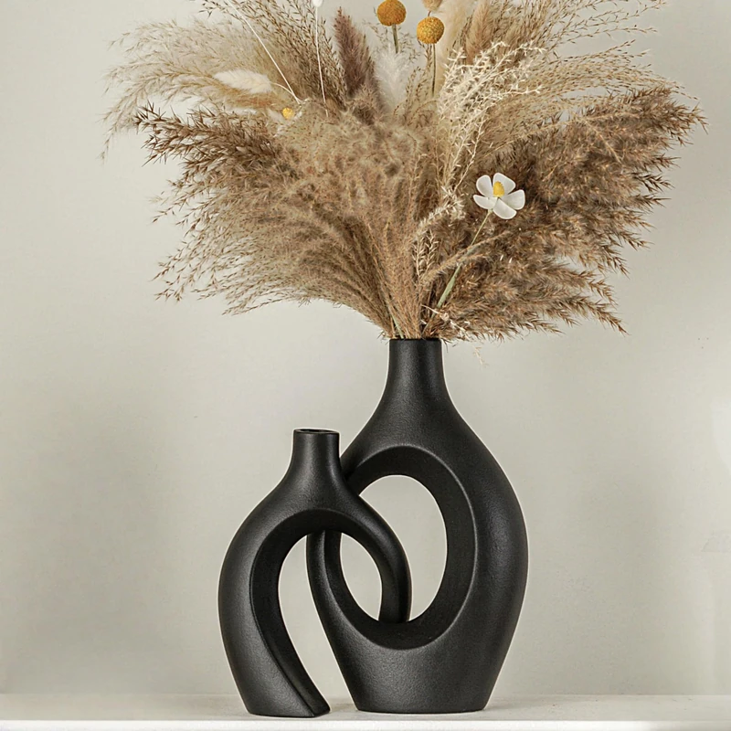 Lvases Snuggle Hollow Modern Ceramic Vase Set of 2, Mid Century Nordic Aesthetic Decorative Vases for Home Table Decor (Matte Black W 6.8" X H 11") - Image 1