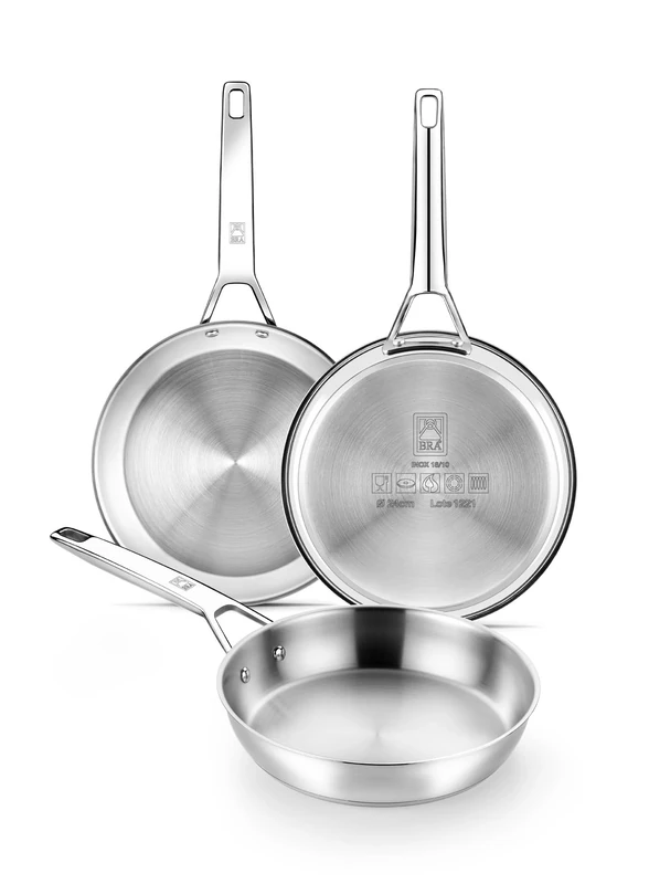 Bra Signature Stainless Steel Frying Pan Set of 3 Pans 20-24-26cm. Suitable for All Hobs and as Induction Hob Frying Pan. Fully Stainless Steel with Glass Lid. Non Toxic Cookware