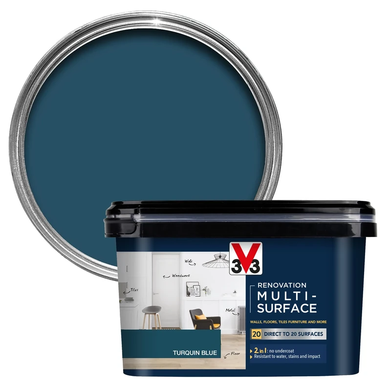 V33 Renovation Multi-Surface Paint - No Undercoat Needed - Over 20 Surfaces - Resistance To Water Stains & Impact - High Coverage - Turquin Blue Satin 2 Litres