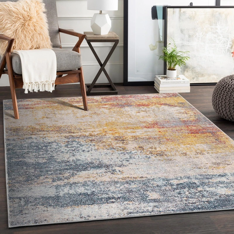 Livabliss Sarasota Abstract Rug - Area Rugs Living Room 120x170 cm, Dining Room, Lounge, Kitchen, Bedroom - Modern Marble Large Rug, Soft Luxurious Easy Care Medium Pile, Blue, Mustard and Rust