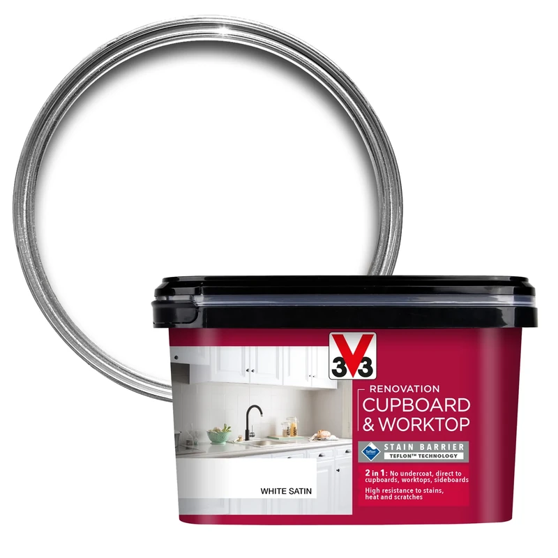 V33 Renovation Cupboard & Worktop Paint - No Undercoat Needed - High Resistance To Water Stains & Scratches - Ultra Washable - White Satin 2L