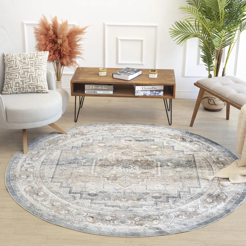 Livabliss Sitra Machine Washable - Vintage Area Living Room, Large 200 cm - Traditional Boho Style, Dining Room, Kitchen, Outdoor, Hallway - Blue, Beige, Off white and Grey
