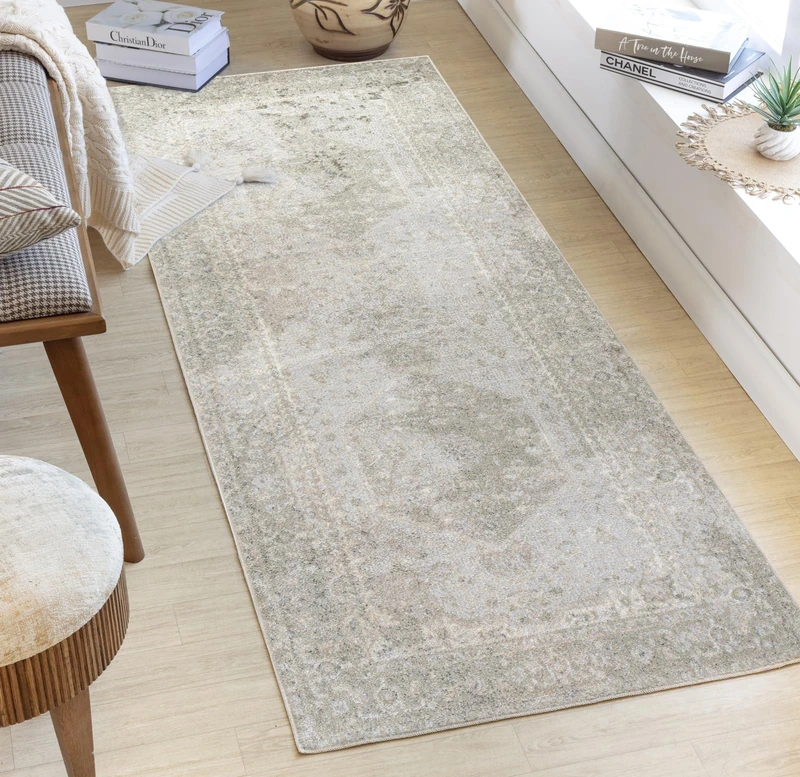 Livabliss Dukan Machine Washable - Vintage Runner Living Room, 80x220 cm - Traditional Boho Style, Dining Room, Kitchen, Outdoor, Hallway - Beige and Light Grey