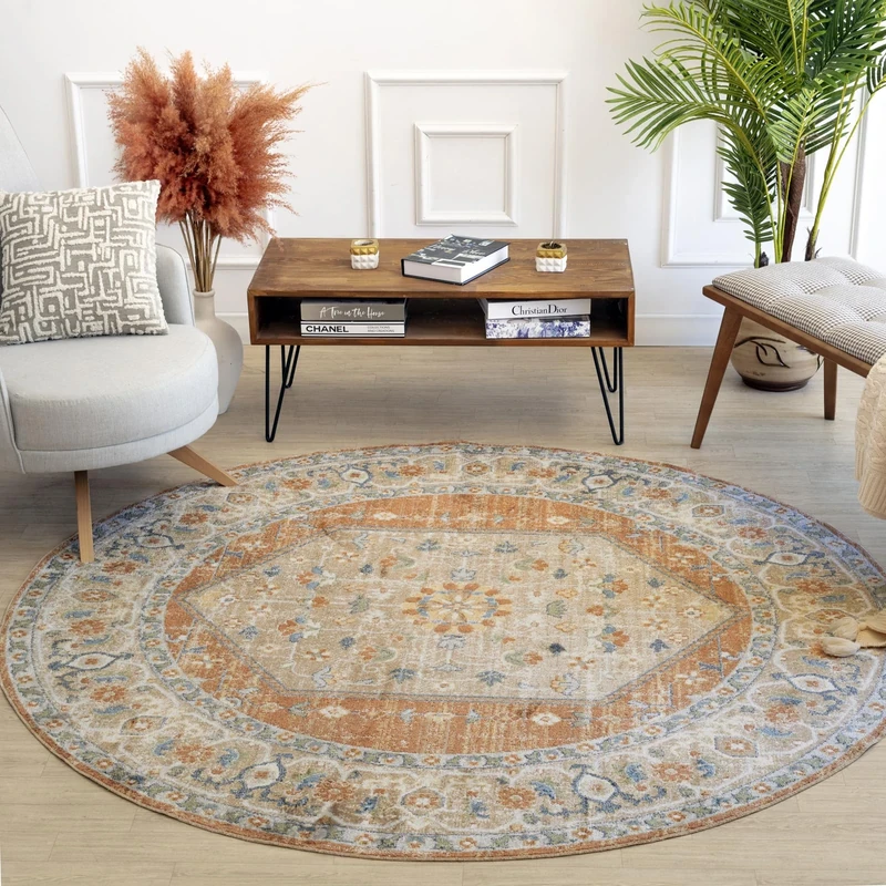 Livabliss Dukan Machine Washable - Vintage Area Living Room, Large 200 cm - Traditional Boho Style, Dining Room, Kitchen, Outdoor, Hallway - Cream and Orange