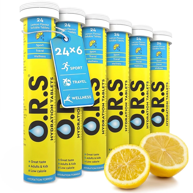 O.R.S Hydration Tablets with Electrolytes, Vegan, Gluten and Lactose Free Formula – Soluble Sports Hydration Tablets with Natural Lemon Flavour, 24 Tablets (Pack of 6 x 24)